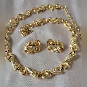 Vintage Trifari Gold Rhinestone Necklace & Earrings Lot